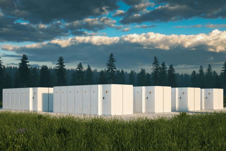 Rows of electrical boxes under a cloudy sky